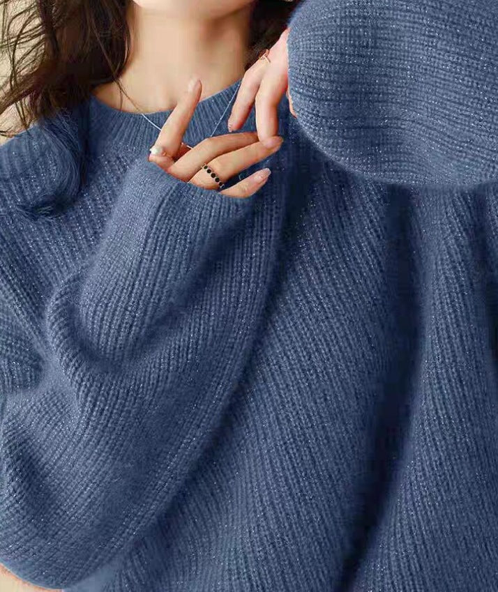 Women's Relaxed Style Shiny Thread Round Neck Loose Knit Top