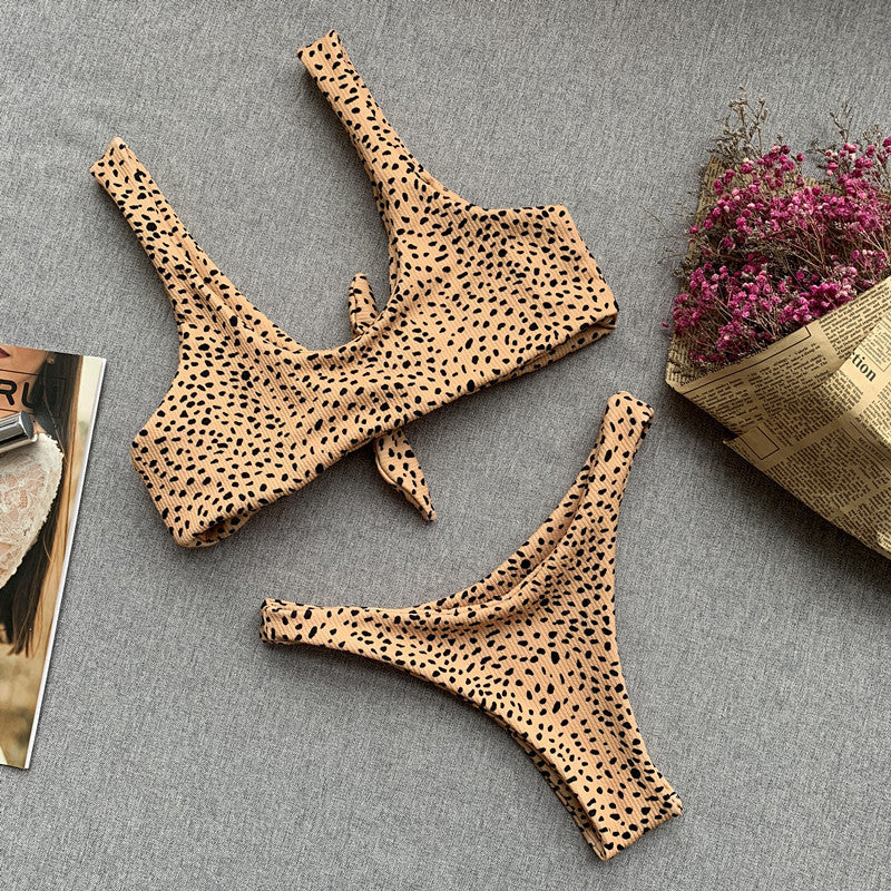 Bow Knotted Polka Dot Leopard Bikini Women High Leg Cut Swimwear Female Ribbed Swimsuit Sexy Brazilian Bathing Suit Swim Lady