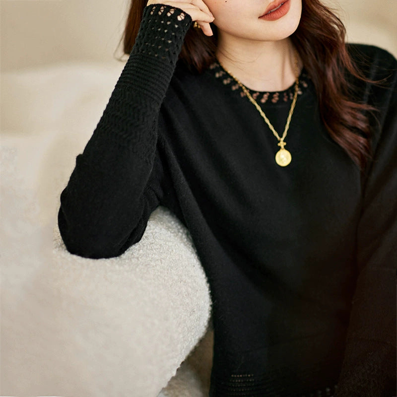 Minimalist Openwork Round Neck Women's Knit Top