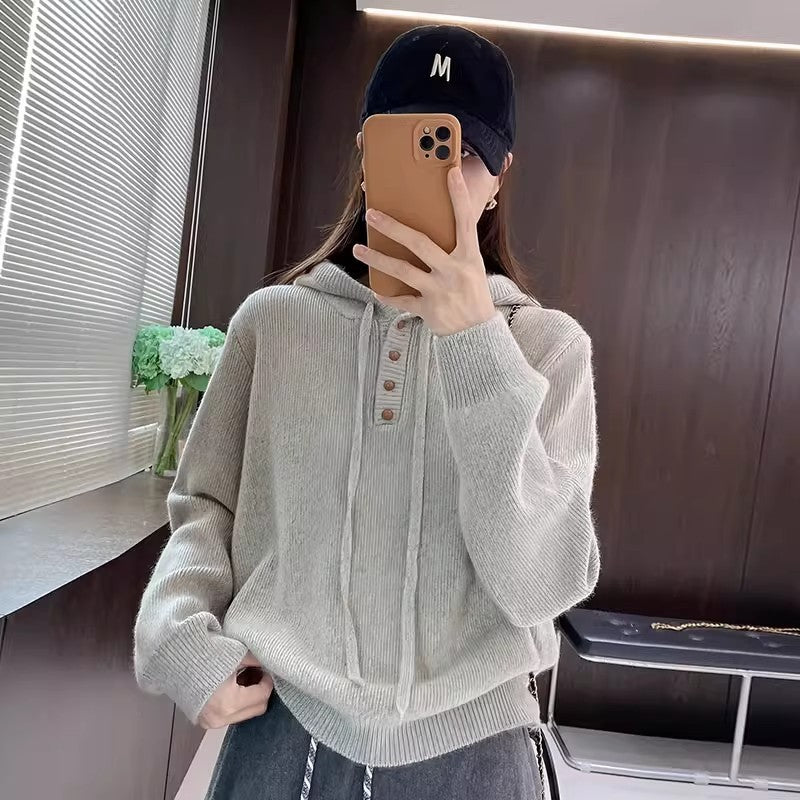 Women's Long Sleeve Zippered Hooded Knit Sweater Loose Fit Casual Top