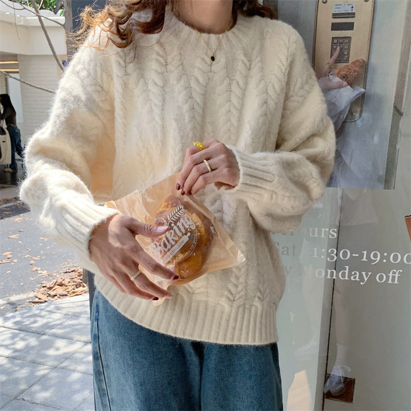 Women's Blue Thickened Knit Sweater, Soft Relaxed Fit Vintage Top