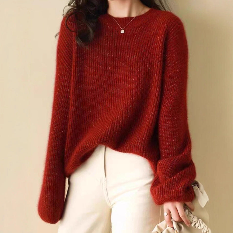 Women's Relaxed Style Shiny Thread Round Neck Loose Knit Top