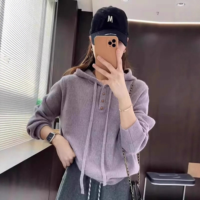 Women's Long Sleeve Zippered Hooded Knit Sweater Loose Fit Casual Top