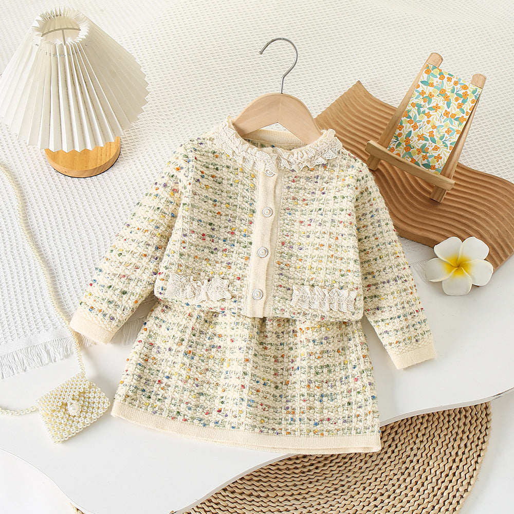 Tweed Knit Two-Piece Skirt Set Girls Princess Dress