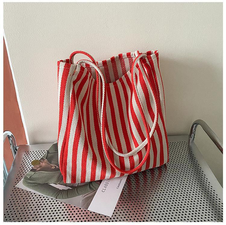 Simple Stripe Canvas Tote Bag for Women, Minimalist Ins Style, Bohemian Casual Fashion, Spring Summer Shopping Bag, Shoulder Handbag, Large Capacity