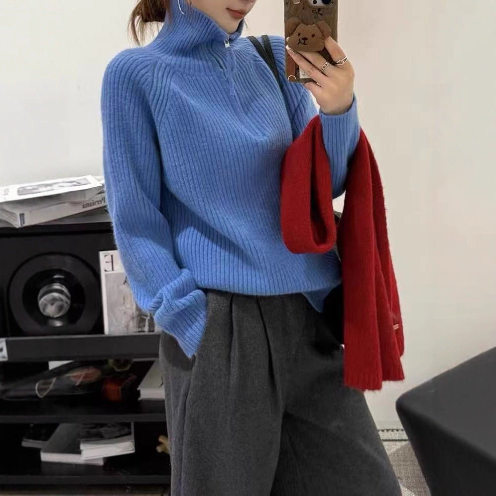 Women's Loose Klein Blue Half-Zip Mock Neck Knit Sweater
