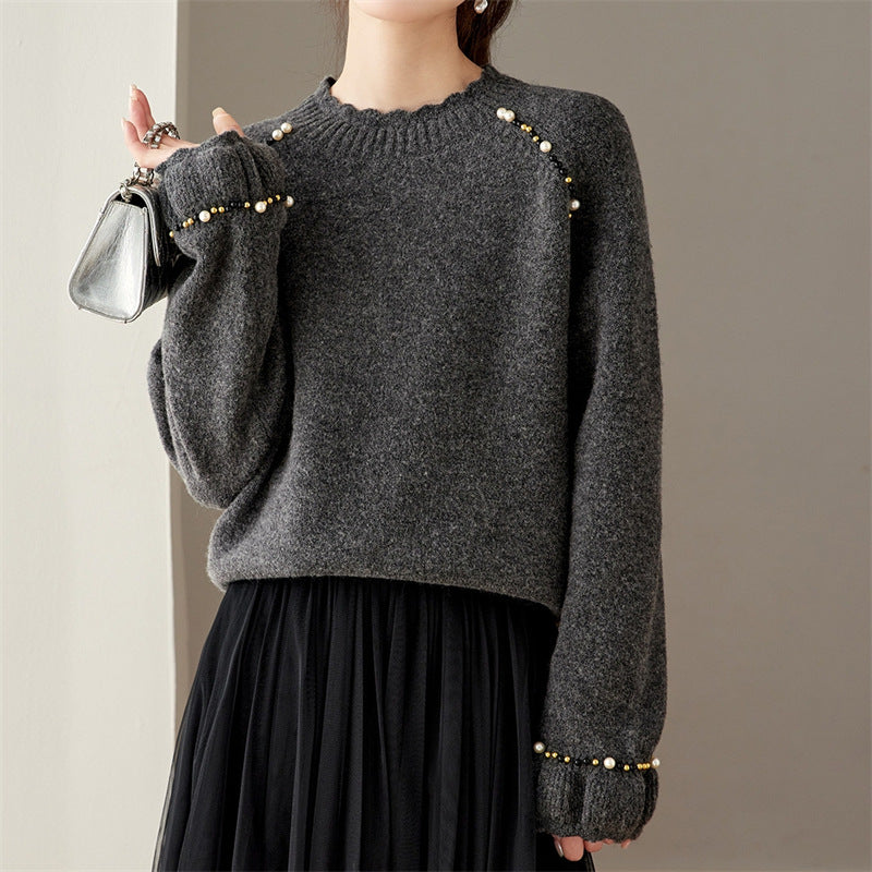 Women's Style Beaded Lurex Knit Crew Neck Pullover Sweater