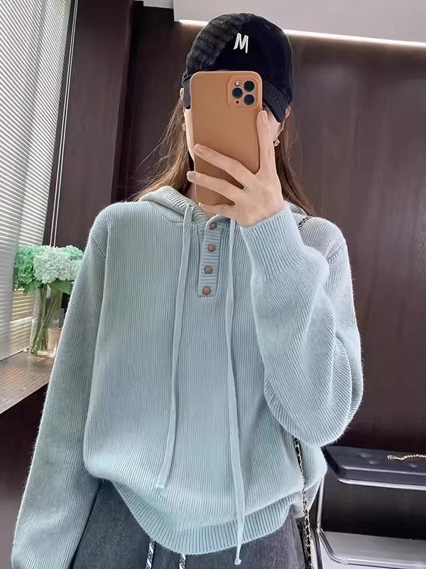 Women's Long Sleeve Zippered Hooded Knit Sweater Loose Fit Casual Top