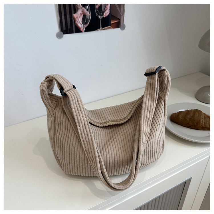 Romantic Large Capacity Crescent Bag Japanese Style Casual Trendy Sweet Solid Color Corduroy Minimalist Shoulder Bag