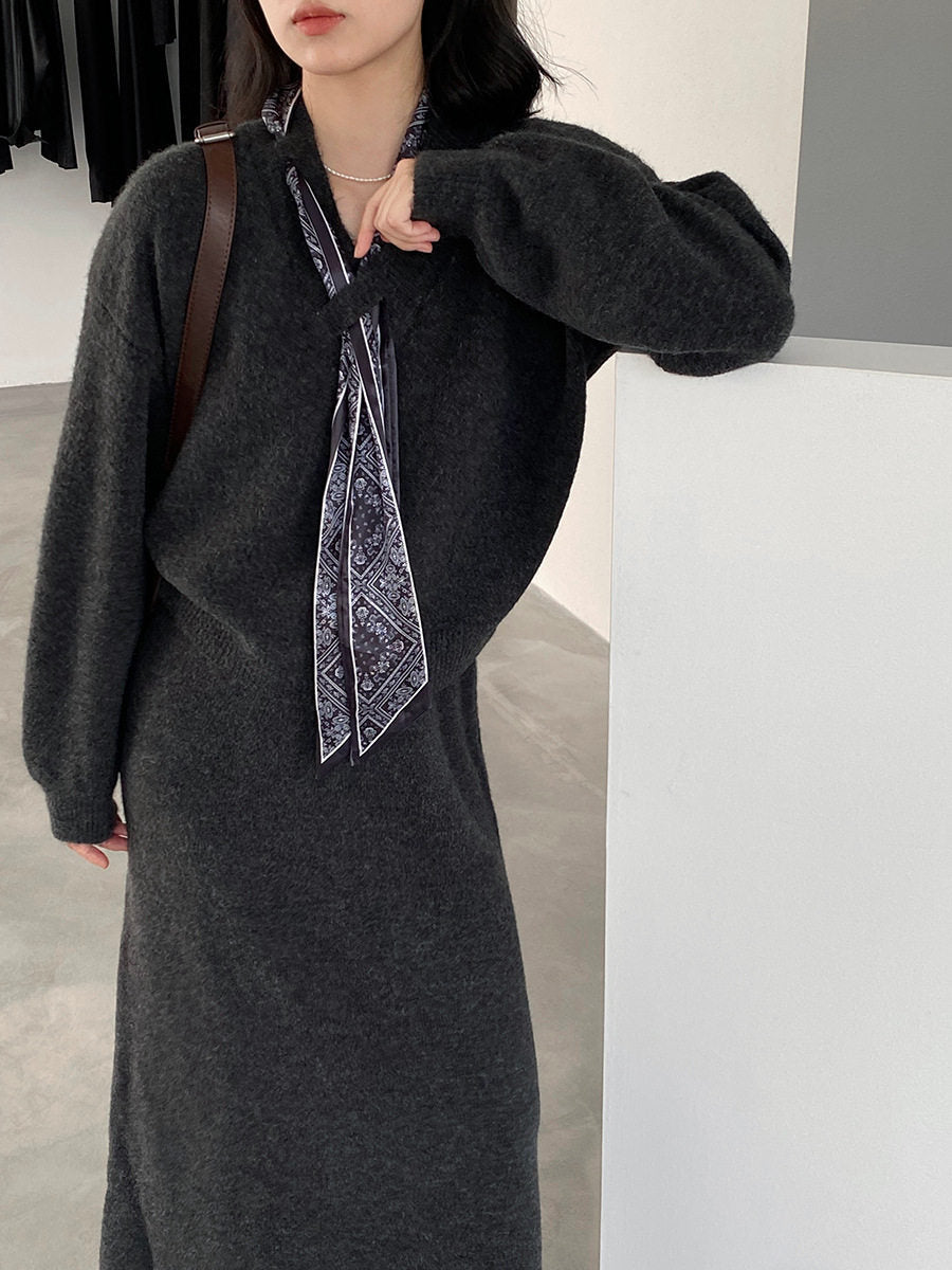 Women's Set Sweater Coat and Skirt Two Piece Outfit with Silk Scarf