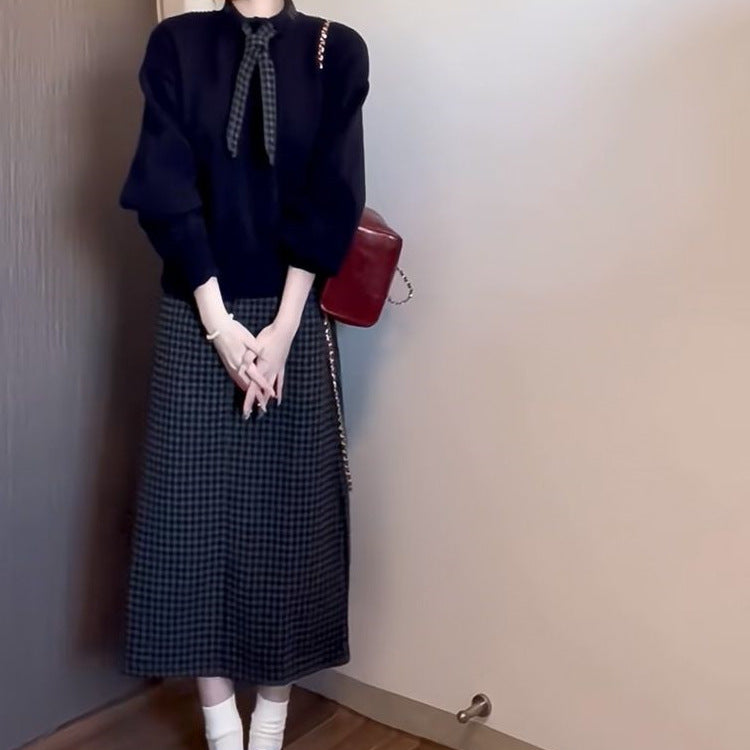 Round Neck Plaid Tie Knit Sweater and Contrast Plaid Skirt Two-Piece Set