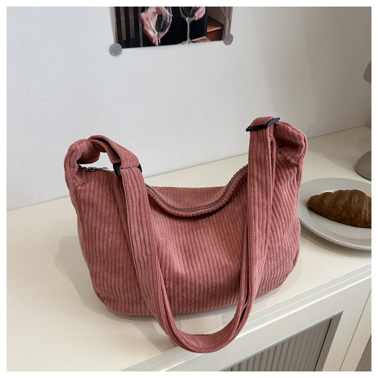 Romantic Large Capacity Crescent Bag Japanese Style Casual Trendy Sweet Solid Color Corduroy Minimalist Shoulder Bag