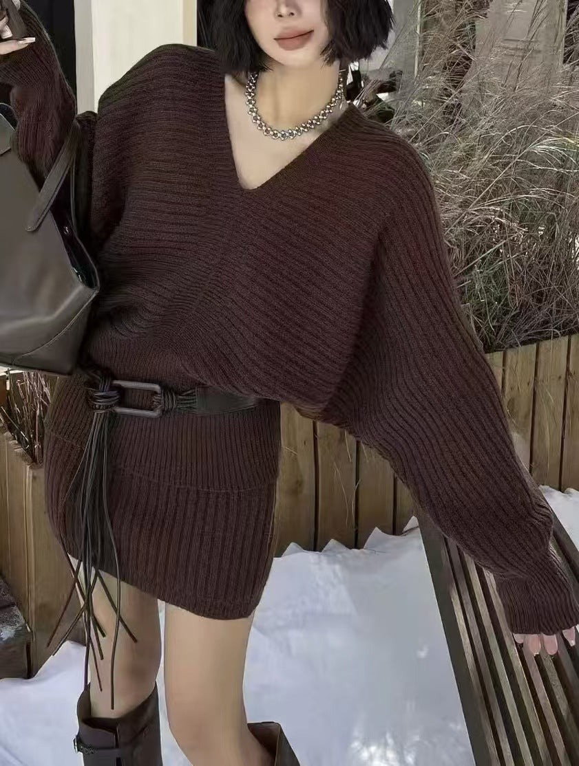 Style Striped V-Neck Knitted Two-Piece Sweater Set