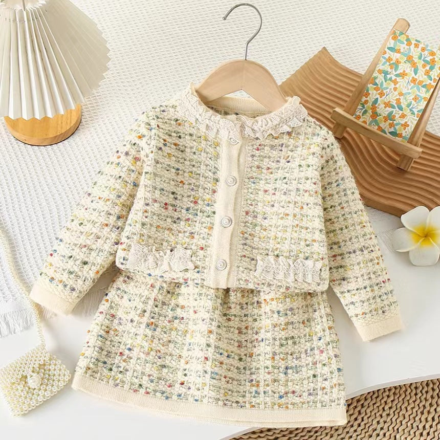 Tweed Knit Two-Piece Skirt Set Girls Princess Dress