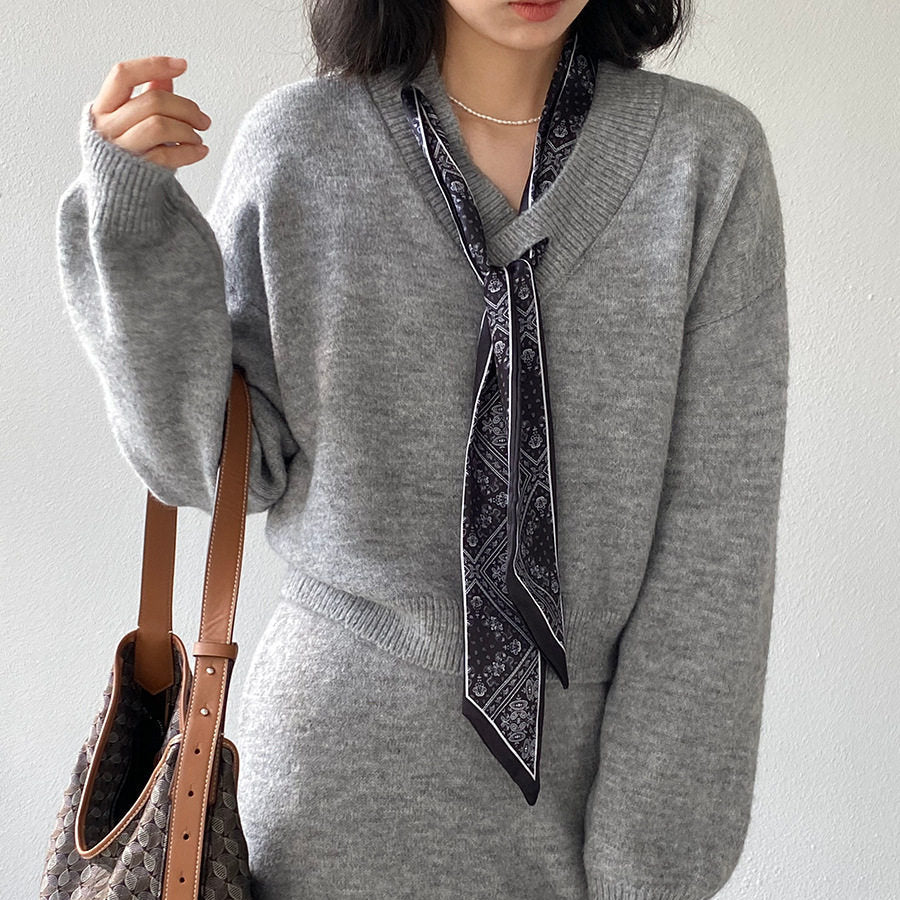 Women's Set Sweater Coat and Skirt Two Piece Outfit with Silk Scarf