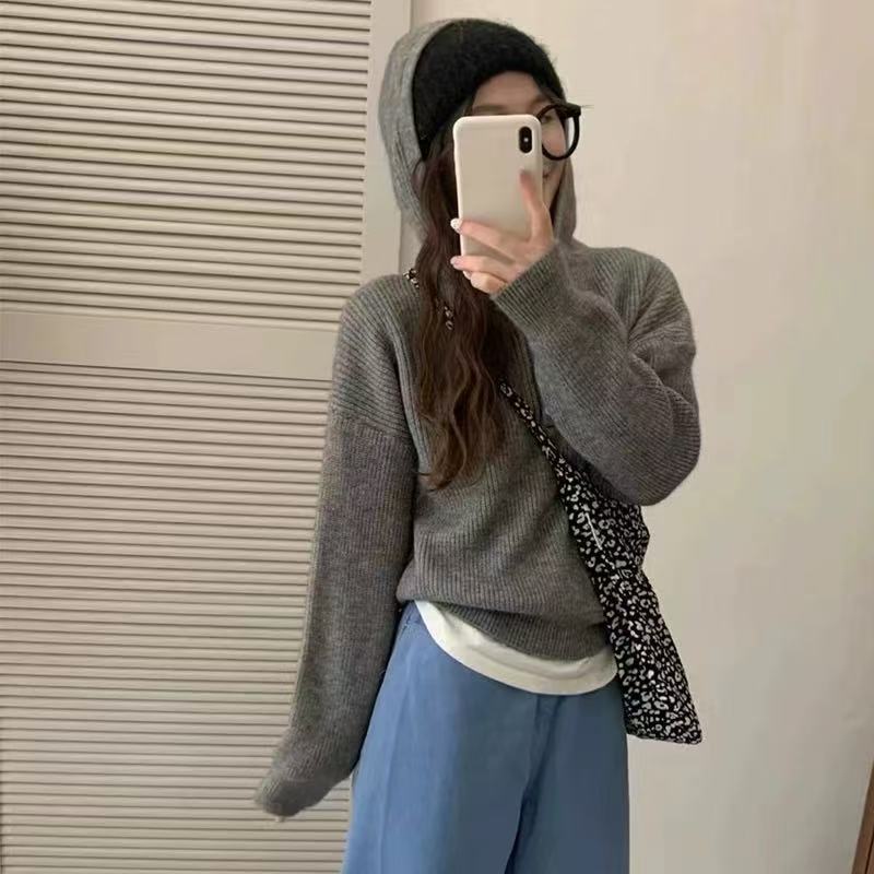 Candy Color Hooded Pullover Sweater Women's Loose Knit Top