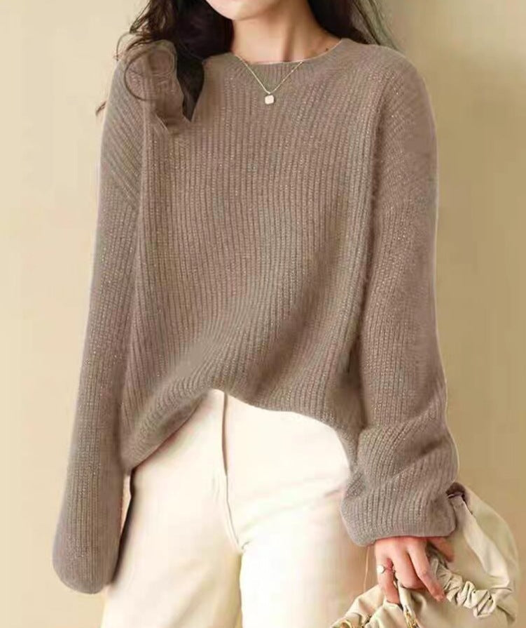 Women's Relaxed Style Shiny Thread Round Neck Loose Knit Top