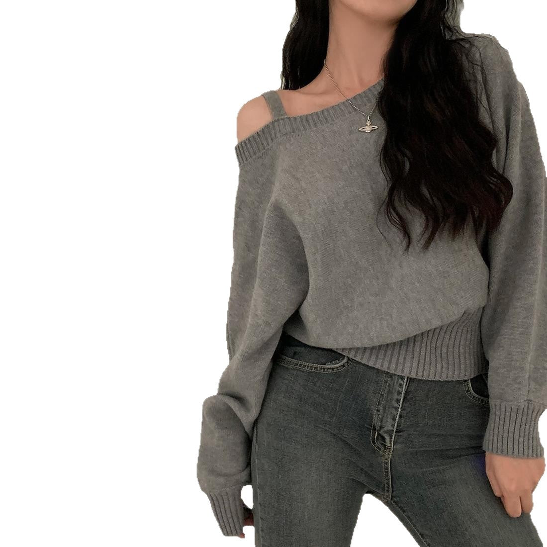 One-Shoulder Solid Color Loose Batwing Sleeve Knit Top