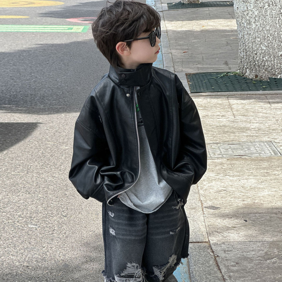 Boys Autumn Spring Casual Fashion Style Long Sleeve Zipper Lapel Regular Fit Leather Jacket