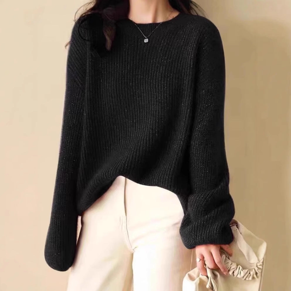 Women's Relaxed Style Shiny Thread Round Neck Loose Knit Top