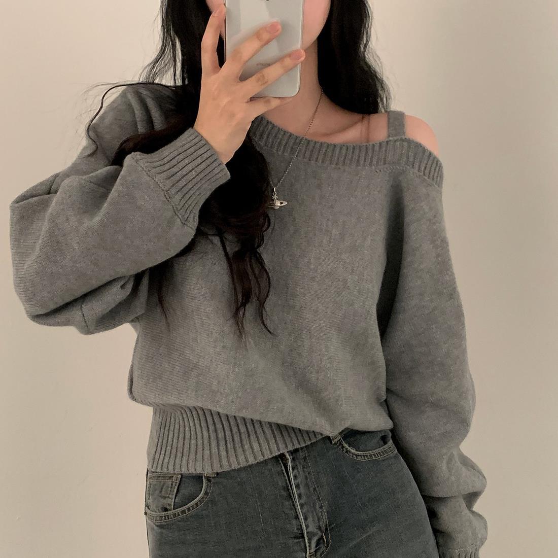 One-Shoulder Solid Color Loose Batwing Sleeve Knit Top