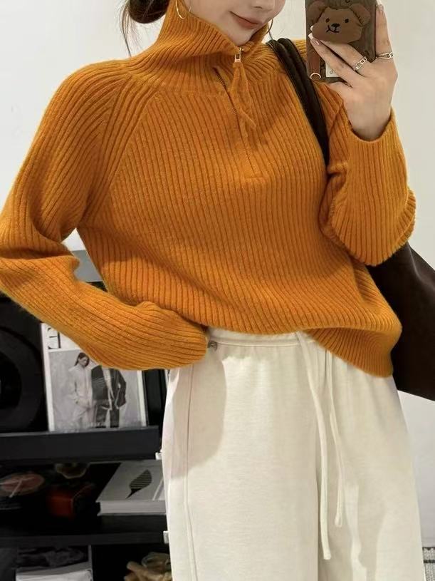 Women's Loose Klein Blue Half-Zip Mock Neck Knit Sweater