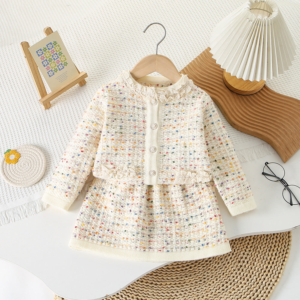 Tweed Knit Two-Piece Skirt Set Girls Princess Dress