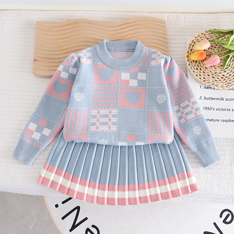 Girls Geometric Print Knit Sweater Dress Two-Piece Set