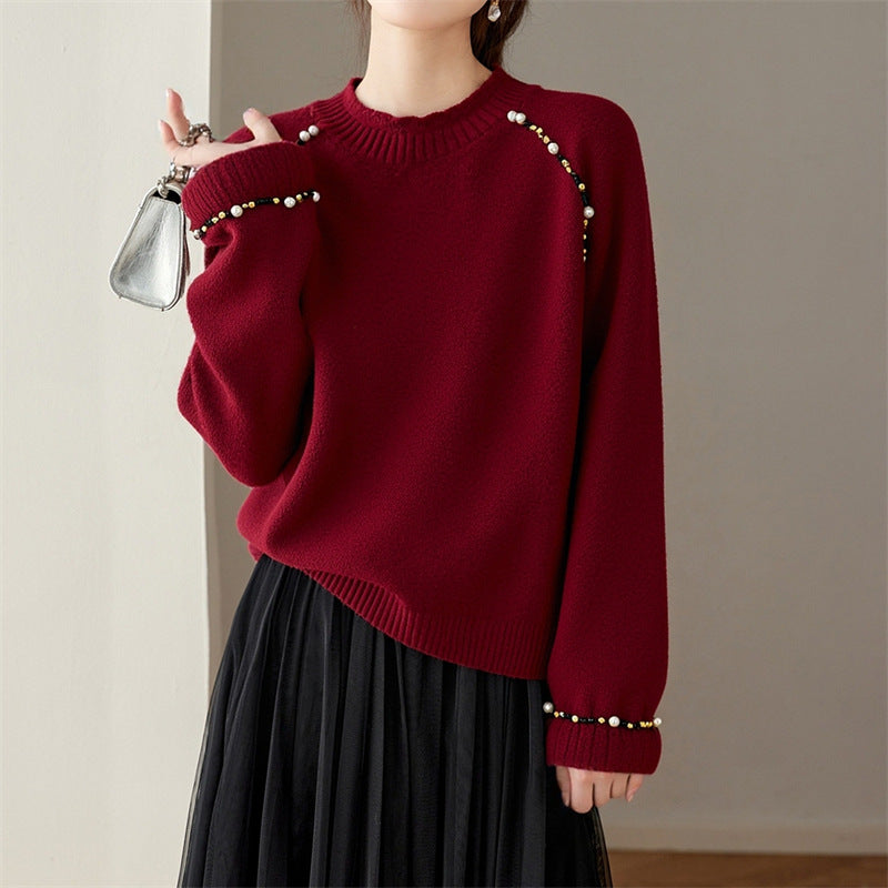 Women's Style Beaded Lurex Knit Crew Neck Pullover Sweater