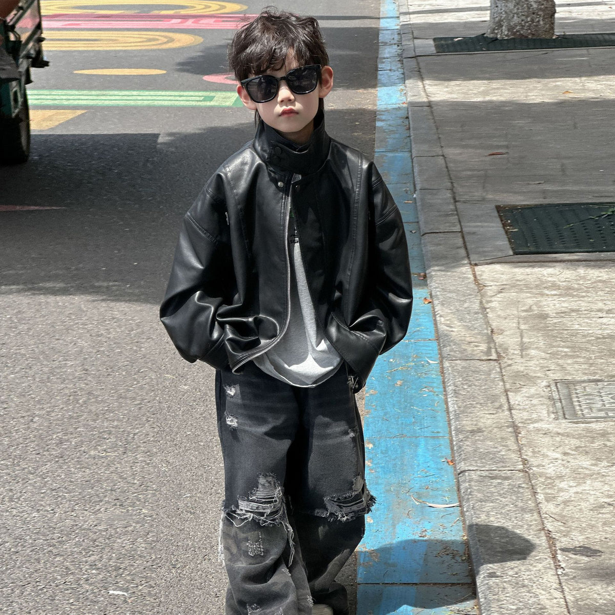 Boys Autumn Spring Casual Fashion Style Long Sleeve Zipper Lapel Regular Fit Leather Jacket