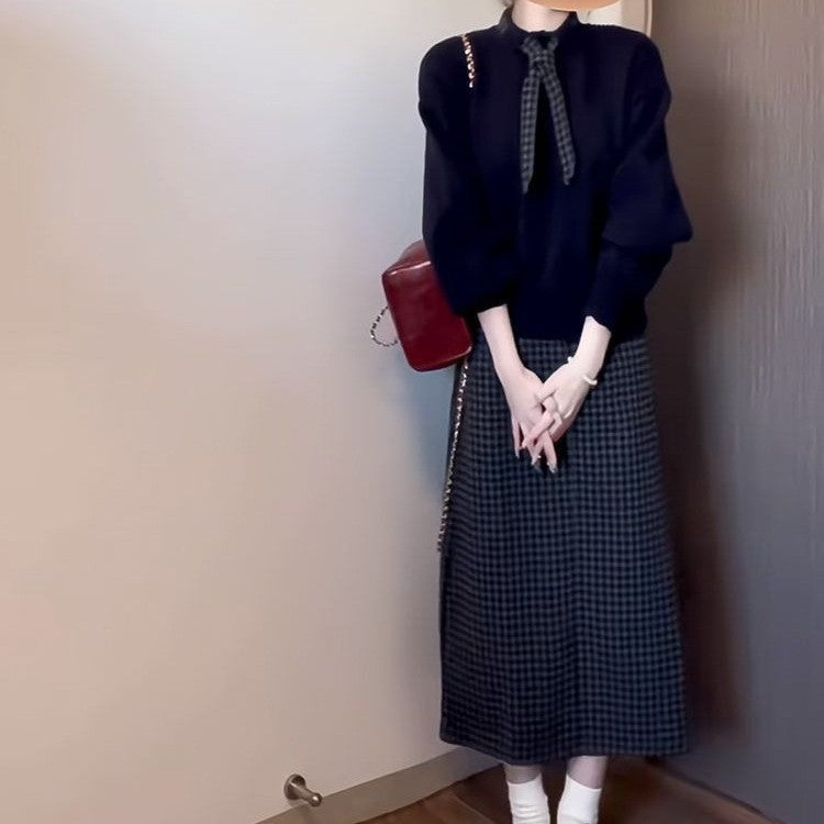 Round Neck Plaid Tie Knit Sweater and Contrast Plaid Skirt Two-Piece Set