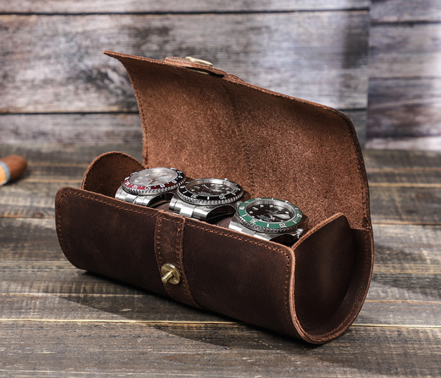 CONTACTS FAMILY Vintage Crazy Horse Leather Watch Storage Box with Round Buckle Clasp - 3 Pack