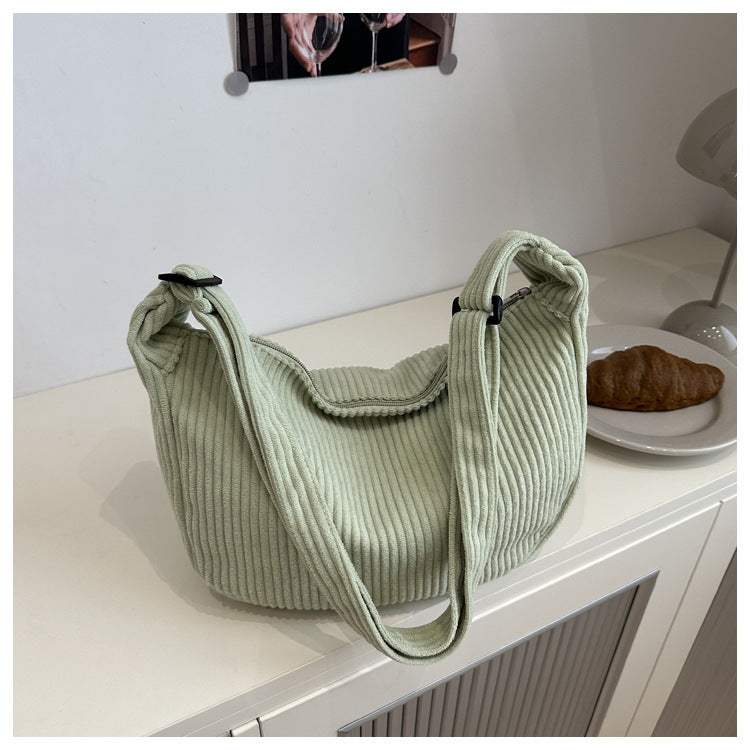 Romantic Large Capacity Crescent Bag Japanese Style Casual Trendy Sweet Solid Color Corduroy Minimalist Shoulder Bag
