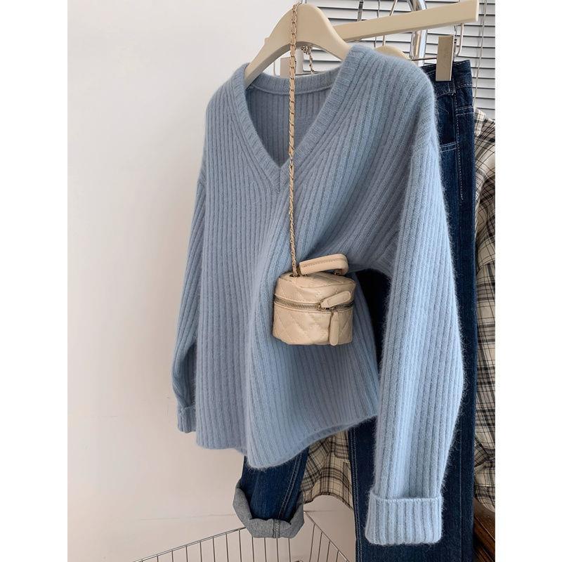 Women's Loose Fit Blue Long Sleeve V-Neck Faux Raccoon Fur Knit Sweater