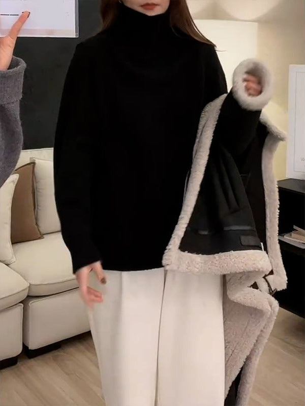 Women's Casual Loose Ribbed Long Sleeve Roll Neck Pullover Sweater