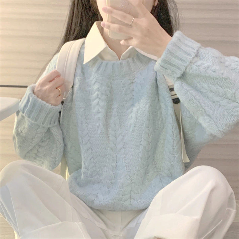 Women's Blue Thickened Knit Sweater, Soft Relaxed Fit Vintage Top