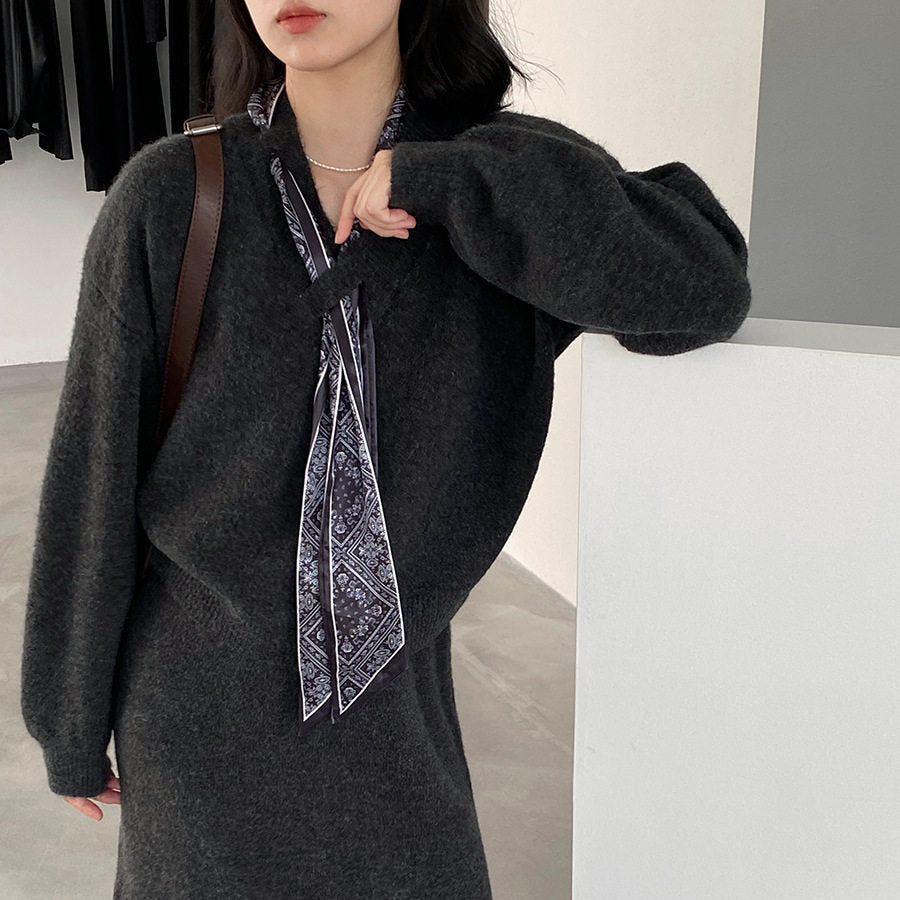 Women's Set Sweater Coat and Skirt Two Piece Outfit with Silk Scarf