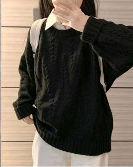 Women's Blue Thickened Knit Sweater, Soft Relaxed Fit Vintage Top