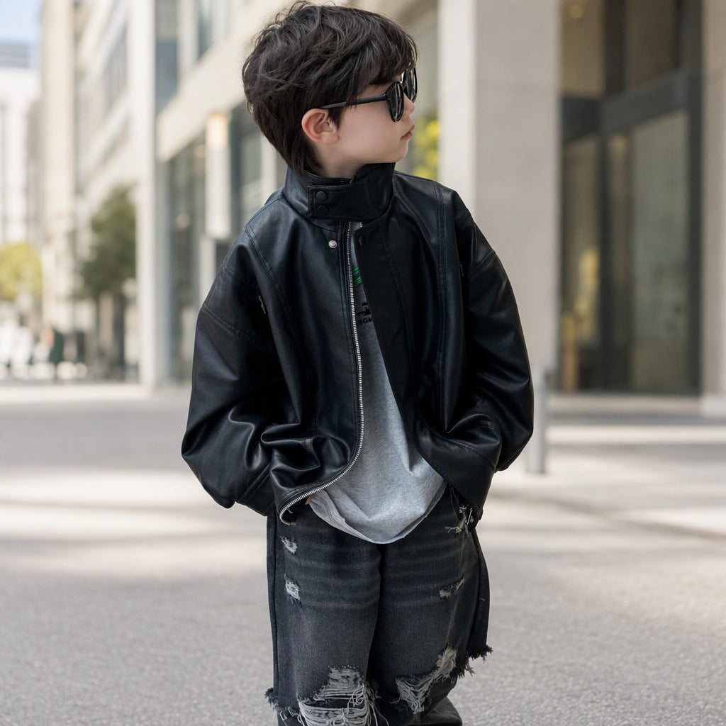 Boys Autumn Spring Casual Fashion Style Long Sleeve Zipper Lapel Regular Fit Leather Jacket