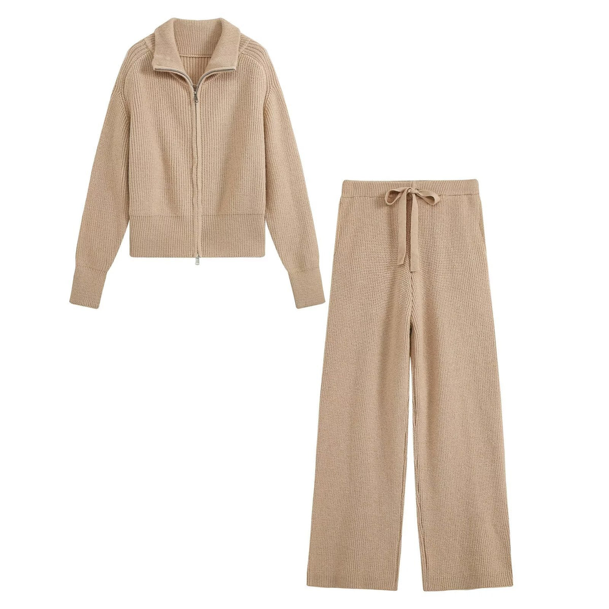 Zipper large collar knitted sweater+pants set for women