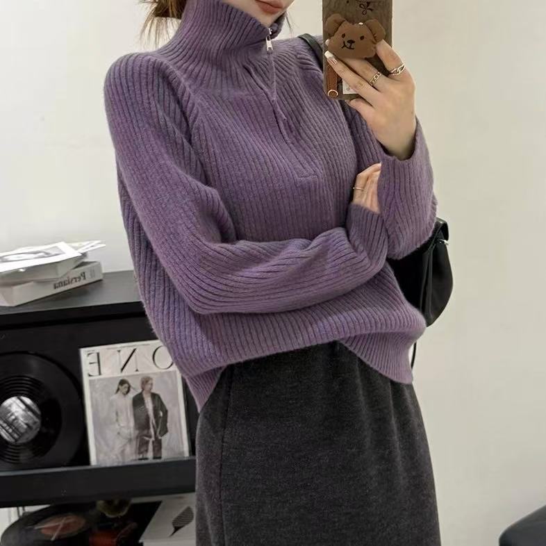 Women's Loose Klein Blue Half-Zip Mock Neck Knit Sweater