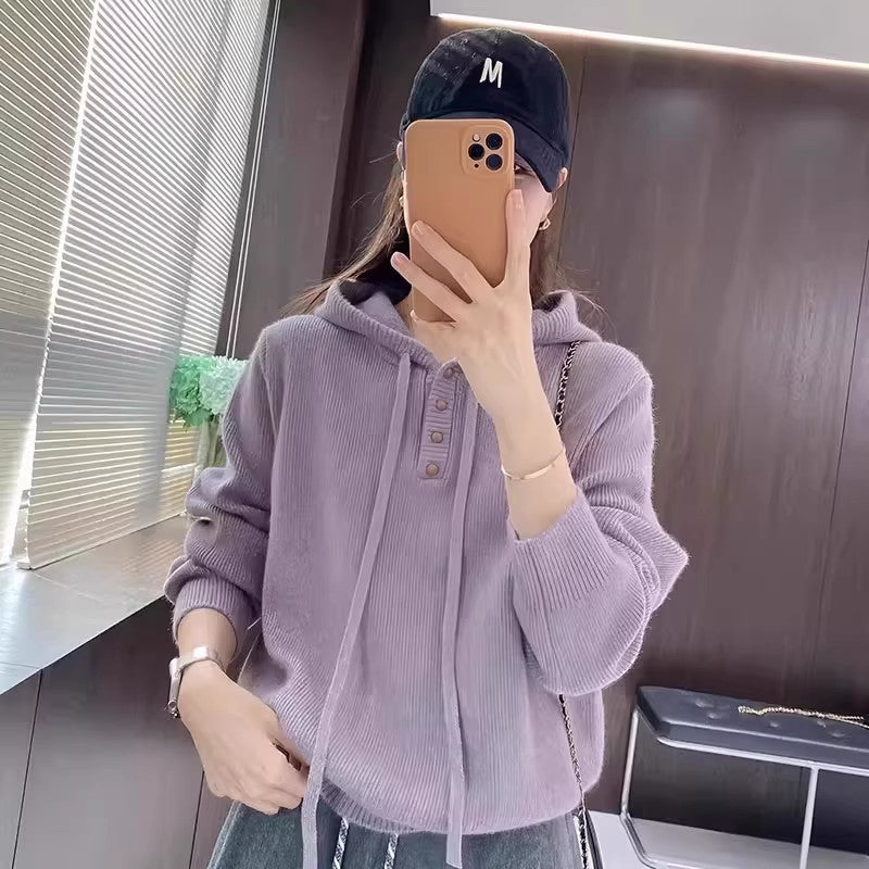 Women's Long Sleeve Zippered Hooded Knit Sweater Loose Fit Casual Top