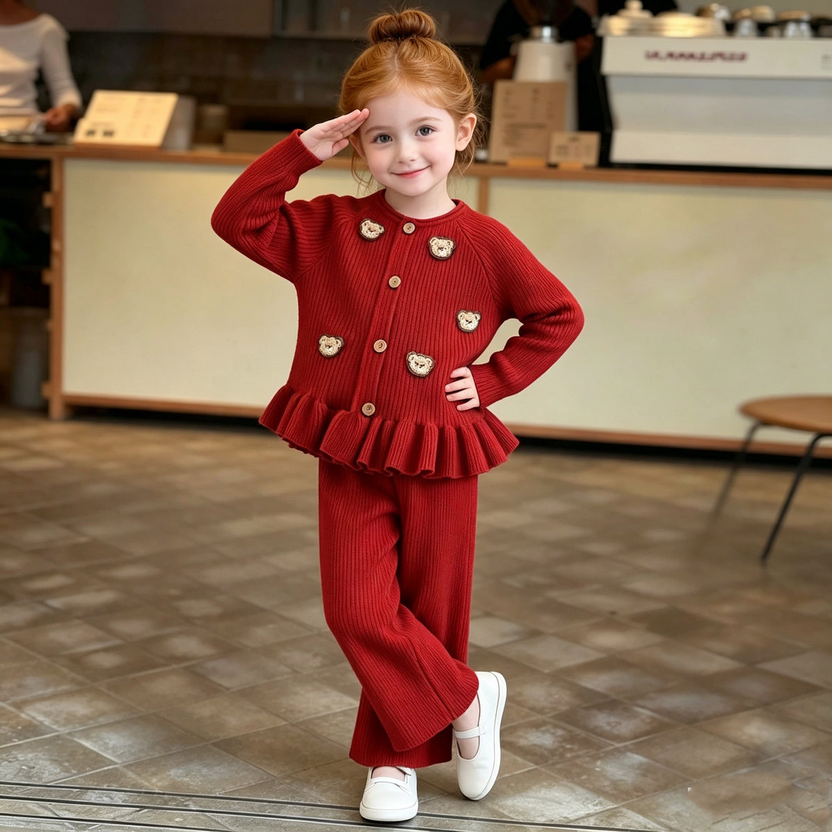 Sweet Bear Print Long Sleeve Sweater Cardigan and Casual Pants Set for Girls