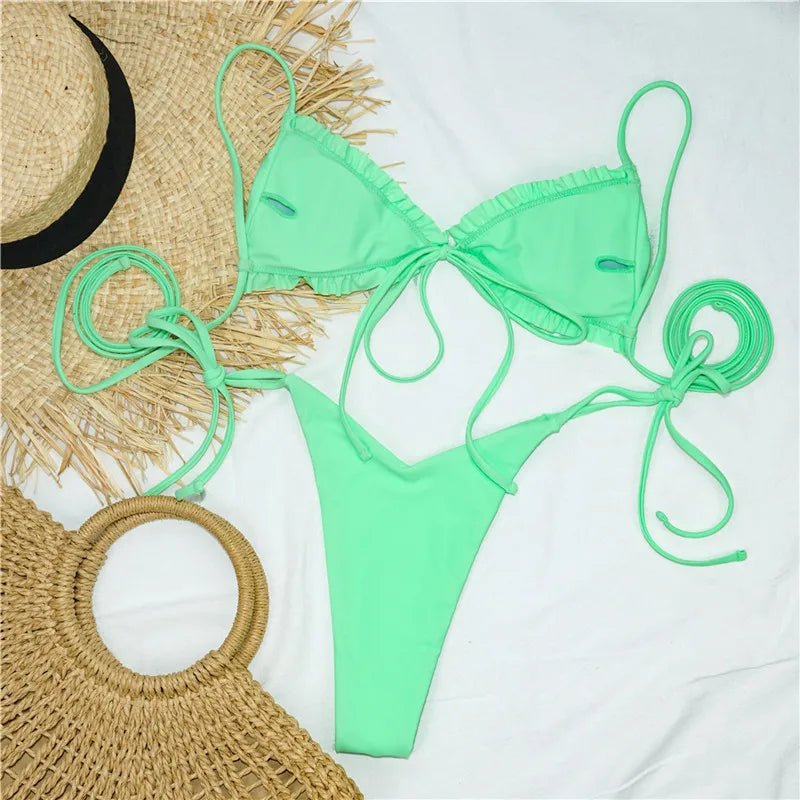 Sexy Ruffle Frilled Micro Thong Bikini 2025 Women Swimwear Female Swimsuit Two-pieces Bikini set String Bather Bathing Suit Swim