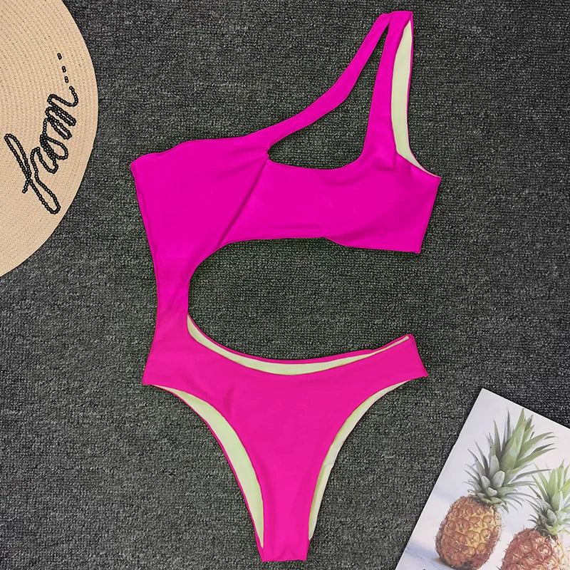 2025 Sexy One shoulder Female Swimwear One piece swimsuit Women Monokini Bather Trikini High cut Out Bathing suit Swim Bodysuit