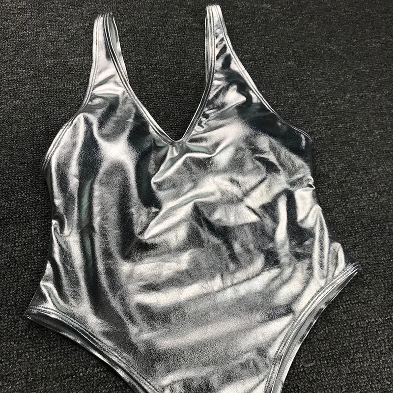 Sexy Shiny PU Leather Bikini Women 2025 Bikinis Bling Swimwear One Piece Swimsuit Female Monokini Bather Bathing Suit Swim Lady