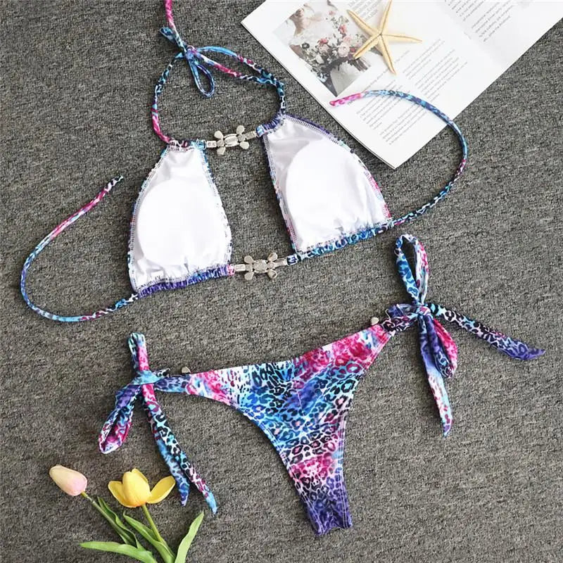 2026 Leopard Rhinestone Jewelled Bikini Women Hollow out Swimsuit female Thong Swimwear Diamond Bikini Set Halter Bathing Suit