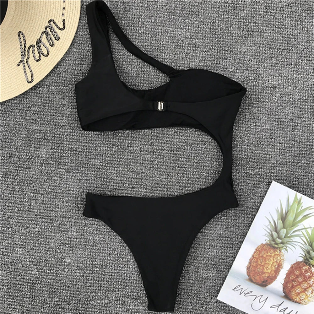 2025 Sexy One shoulder Female Swimwear One piece swimsuit Women Monokini Bather Trikini High cut Out Bathing suit Swim Bodysuit