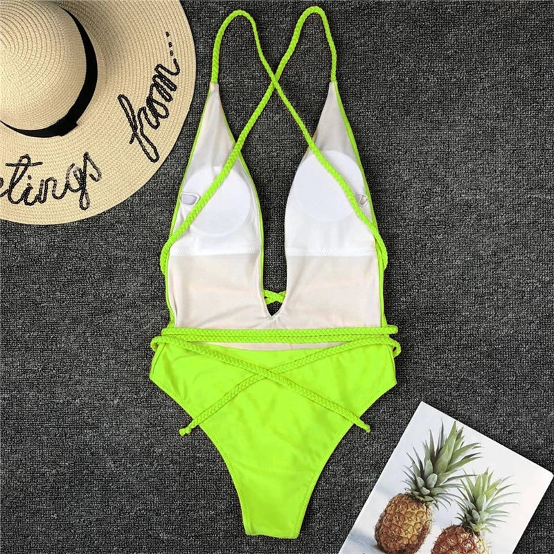 New 2025 Sexy Deep V Neck Wrap Around Female Swimwear One Piece Swimsuit Women Backless Monokini High Cut Bathing Suit Swim Lady