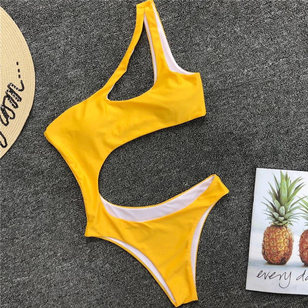 2025 Sexy One shoulder Female Swimwear One piece swimsuit Women Monokini Bather Trikini High cut Out Bathing suit Swim Bodysuit